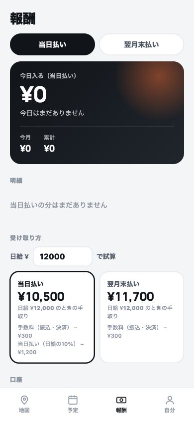 受け取り方と報酬を確認する実際の画面